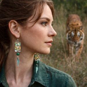 Tiger eyes handpainted earrings patina metal feather silver wires big cats OOAK